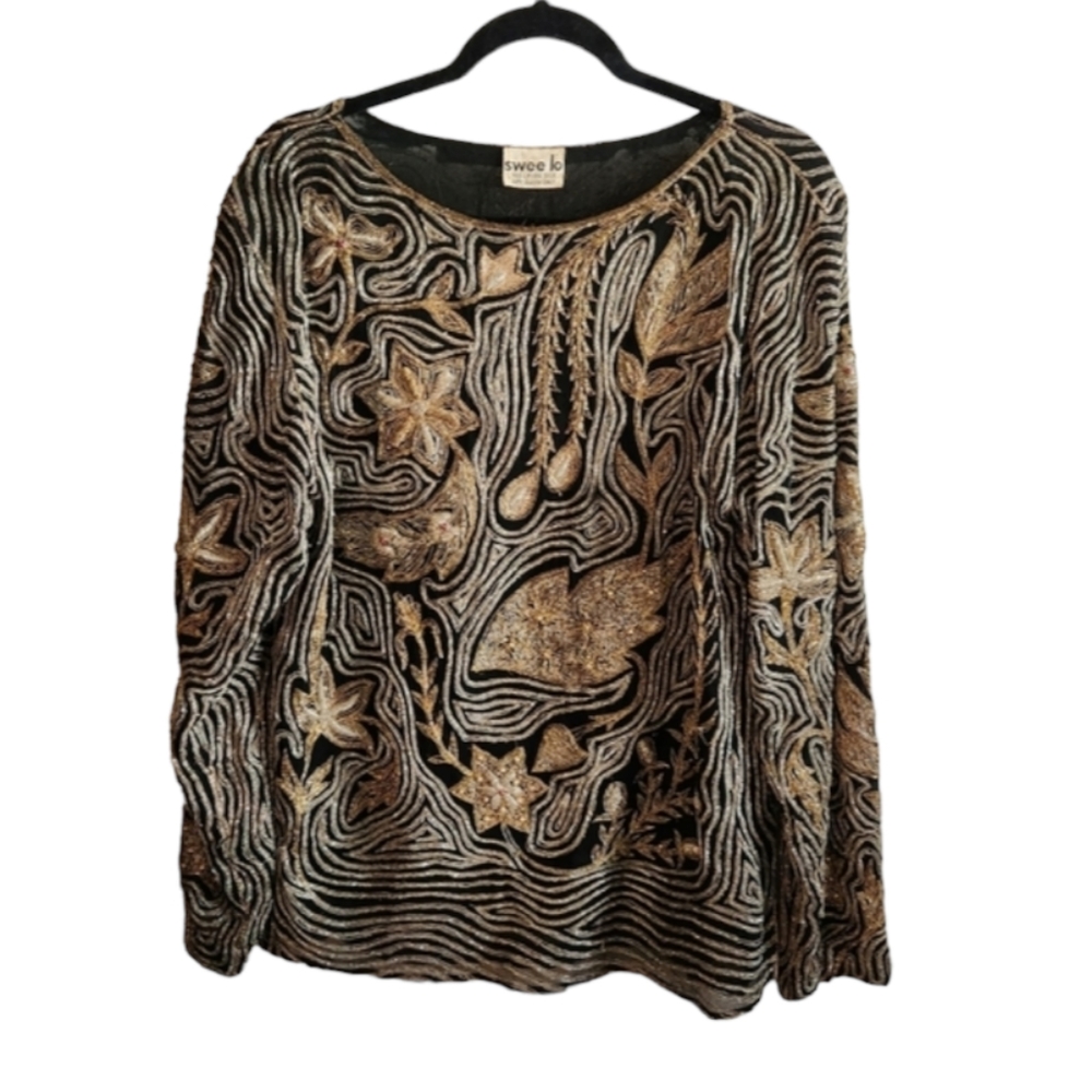 VINTAGE SILK Swee Lo Black and Gold Sparkely Metallic Embroidered Top 1970s